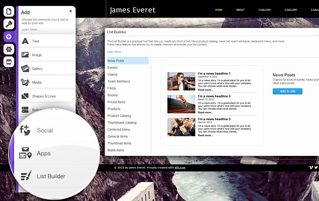 Construtor de Listas do Editor HTML5 do Wix Construtor de Listas do Editor HTML5 do Wix